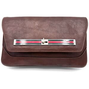 Vintage 1960s Mod Leather Clutch Bag w/ Red Enamel Clasp‎ Taurus Brown ~11" x 6"